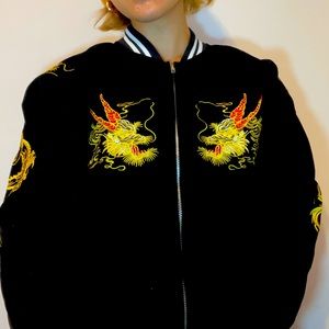 Medium black authentic Japanese dragon bomber velvet jacket.